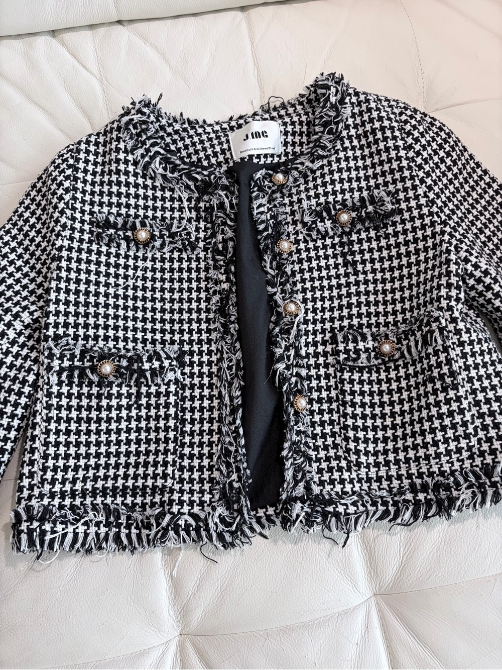 Elegant Black & White Houndstooth Tweed Jacket